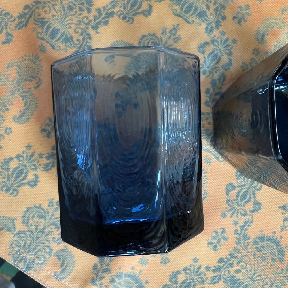 Libbey Facets Pair of Cobalt Blue 8-Sided‎ Textured Glass Tumblers